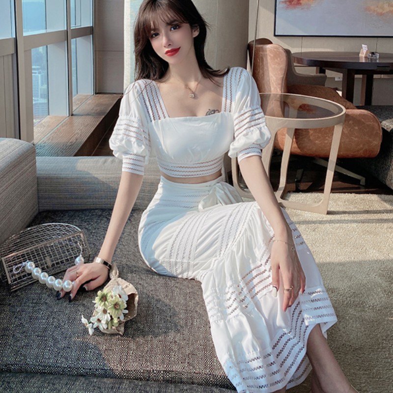 Summer 2pcs Set Women Boho Elegant Square Collar Puff Sleeve Sexy Crop Top + High Waist Bodycon Bowknot Mermaid Skirt Suit 210519