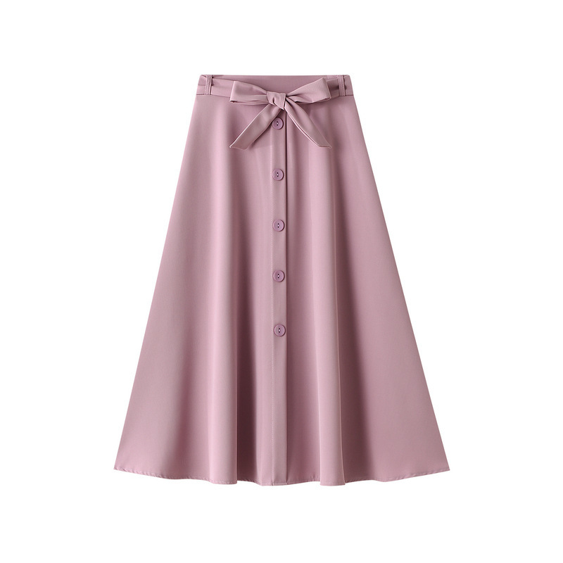 Sweet women pleated with Bowknot long skirts Spring Summer korea styled buttons cotton loose for grils female 210524