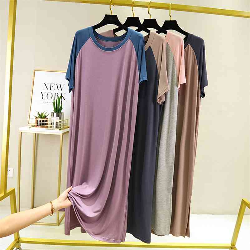 Robe Ete Femme Casual O-neck Short Sleeve Patchwork Beach Modal Cotton Long Night Dress Gown Women Plus Size Sukienka 210331