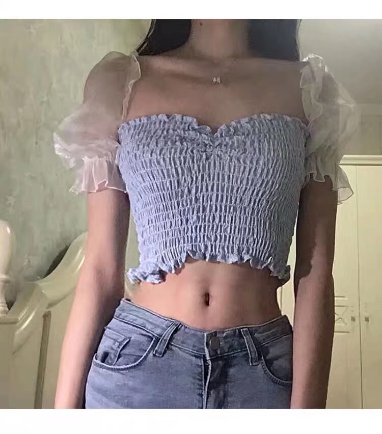 Puff Sleeve Gauze Spliced Plaid Crop Top Women Sexy Wood Ears Ruffle Tank Tops Summer Cool Girl Streetwear Slim Fit Tees 210429