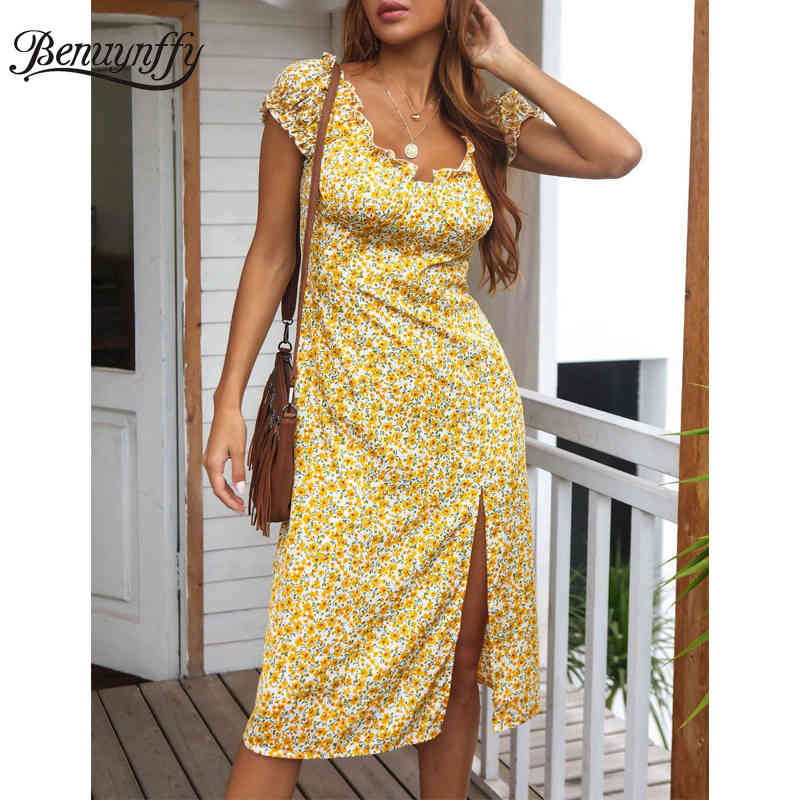 Slash neck Frill Trim Off The Shoulder Dresses Women Summer Boho Casual Floral Print Split Knee Length Dress 210510