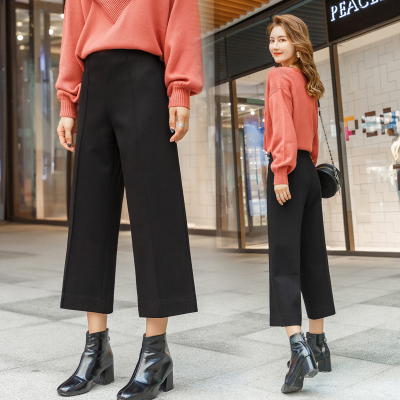 Korean Slim Woolen Wide Leg Autumn Winter Capri Casual Black Women Straight Loose High Waist Woman Pants 11586 210415