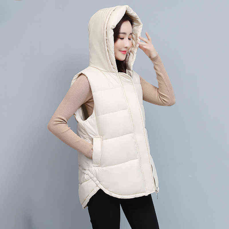 Women Winter Vest Zipper Coats Hooded Down Cotton Jacket Parkas Female Warm Loose Mid-Length Women's Sleeveless 211120