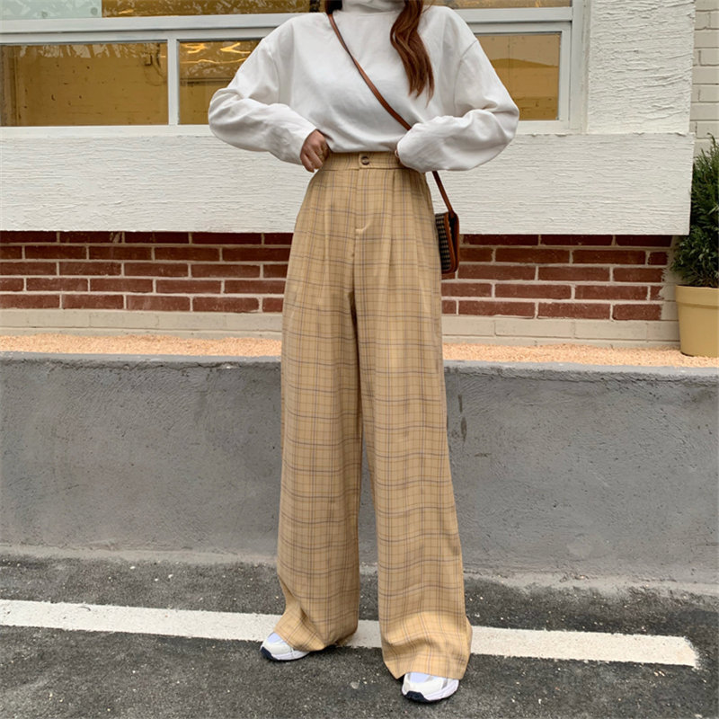 Korean Plaid Straight Casual Geometric Trousers Elegant Leisure Women Slim Brief Stretwear Loose Female Pants 210421