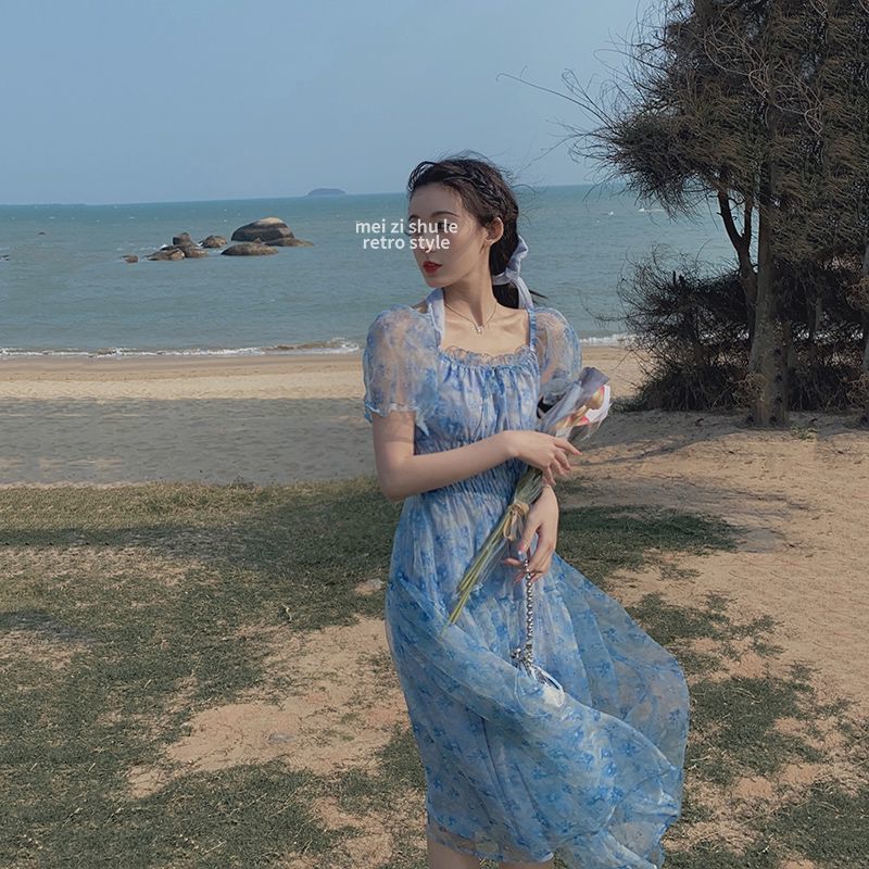 Square Collar Elegant Lace Party Dress Women Short Sleeve Floral Beach Dress Female Dress Korean Summer Kawaii 210521