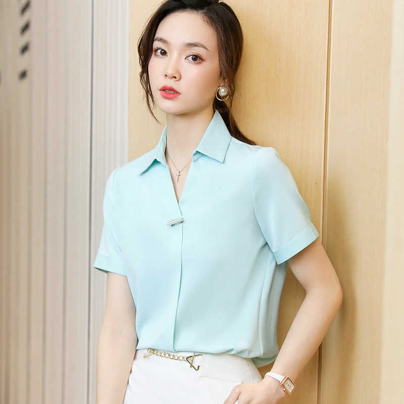 Naviu Fashion Scraf Women Blouses Short Sleeve Chiffon Shirt For Office Lady Style Formal Summer Wear 210604