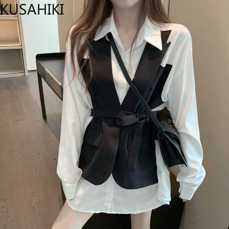 KUSAHIKI Fake Two Piece Hit Color Women Blouse Top Spring Korean Sashes Slim Waist Elegant Blusas Femme Medium-long Shirt 6E351 210602, White
KUSAHIKI Fake Two Piece Hit Color Women Blouse Top Spring Korean Sashes Slim Waist Elegant Blusas Femme Medium-long Shirt 6E351 210602, White