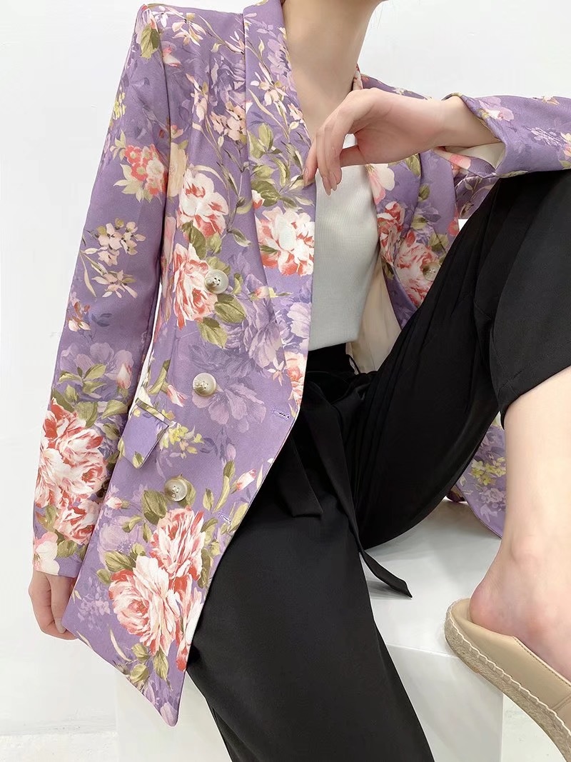 Autumn CHIC Shawl Collar Purple Daisy Flower Print Blazer Vintage BF Style Mid Long Women Suit Coat Loose Femme 210429