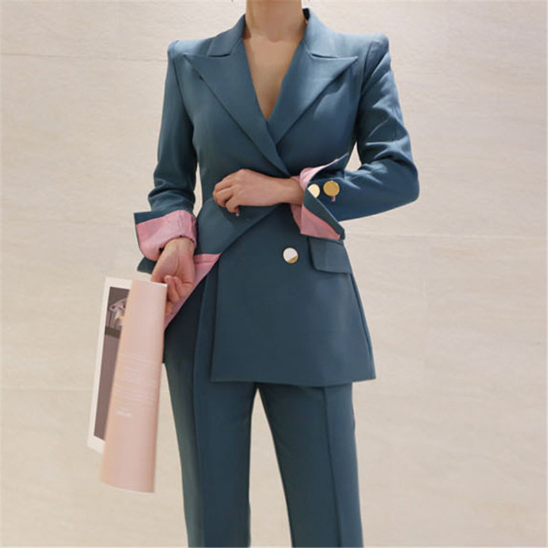 Autumn OL Waist-Controlled Elegant All Match Office Lady Blazer +Casual Loose Straight Trouser Suits Women 2 Piece Sets 210421