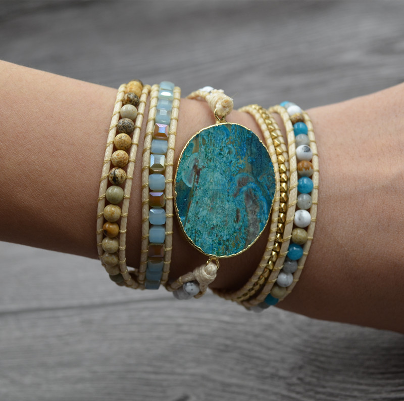Women Leather Beaded Bracelet Ocean Stone Bead Strand Bohemian Wrap Turquoise Jasper Bangle Multilayer Jewelry