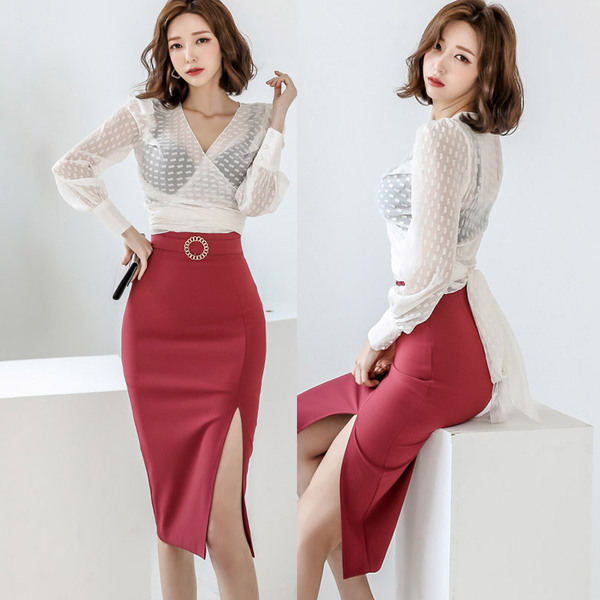 Elegant OL Style 2 Pieces Set V-Neck White Bow Chiffon Blouse & High Waist Pencil skirt Spring Office Ladies Women 210519