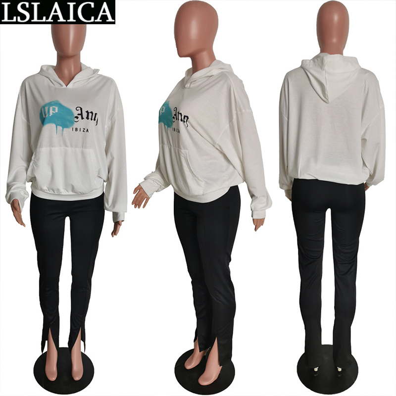 Hoddie for Women Fitness Tracksuit Drawstring Elastic Waist Fashion Two Piece Set Pocket Printing Dresy Damskie Komplet 210515