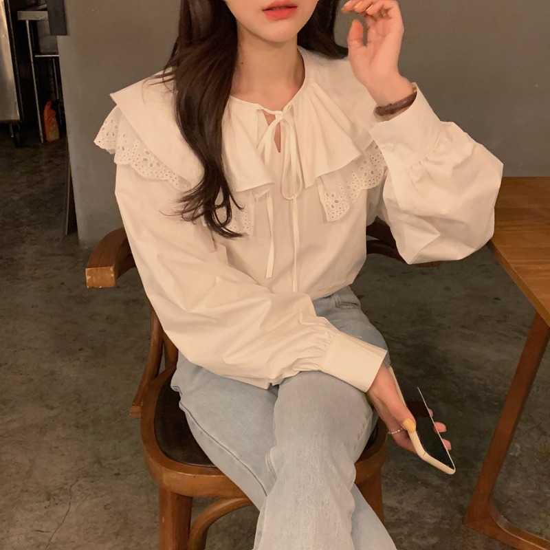 Lace Ruffle Double Up Peter Pan Collar Blouse Tops Spring Women Shirt Causal Sweet Blusas Mujer 6F684 210603