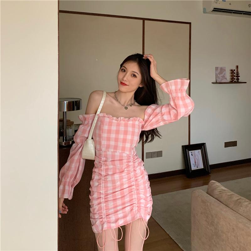 Casual Dresses 2021 Autumn Sexy Waist Puff Sleeves Slimming Shoulder Bag Hip Drawstring Plaid Dress