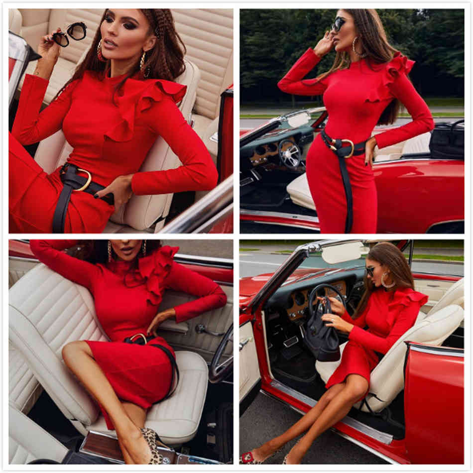 Free Women Red Midi Bandage Dress Elegant O Neck Long Sleeve Ruffle Bodycon Celebrity Club Party Vestido 210524
