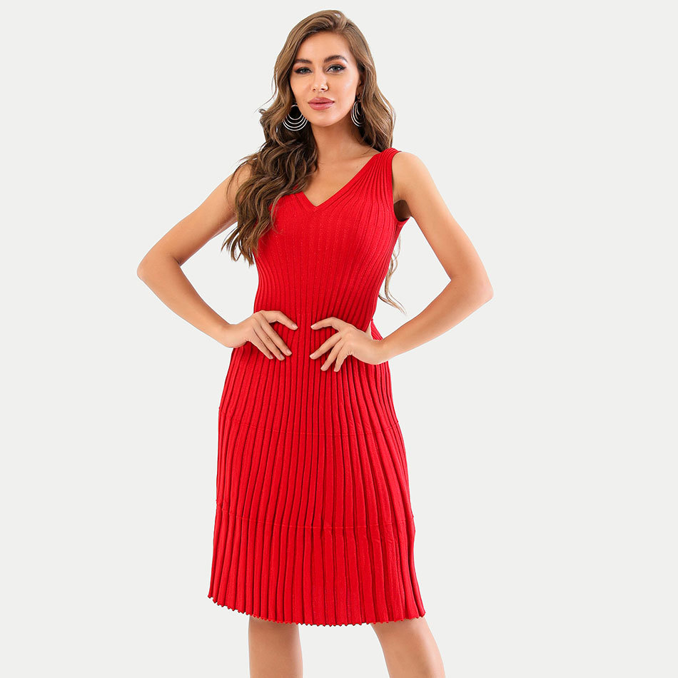 Free Autumn Women's Elegant Knit Dress Red Sexy V-neck Sleeveless A-line Dresses Celebrity Christmas Party 210524