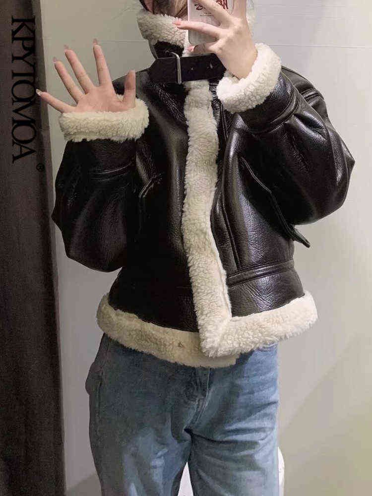 KPYTOMOA Women Fashion Thick Warm Faux Leather Shearling Jacket Coat Vintage Long Sleeve Flap Pockets Female Outerwear Chic Tops 211130