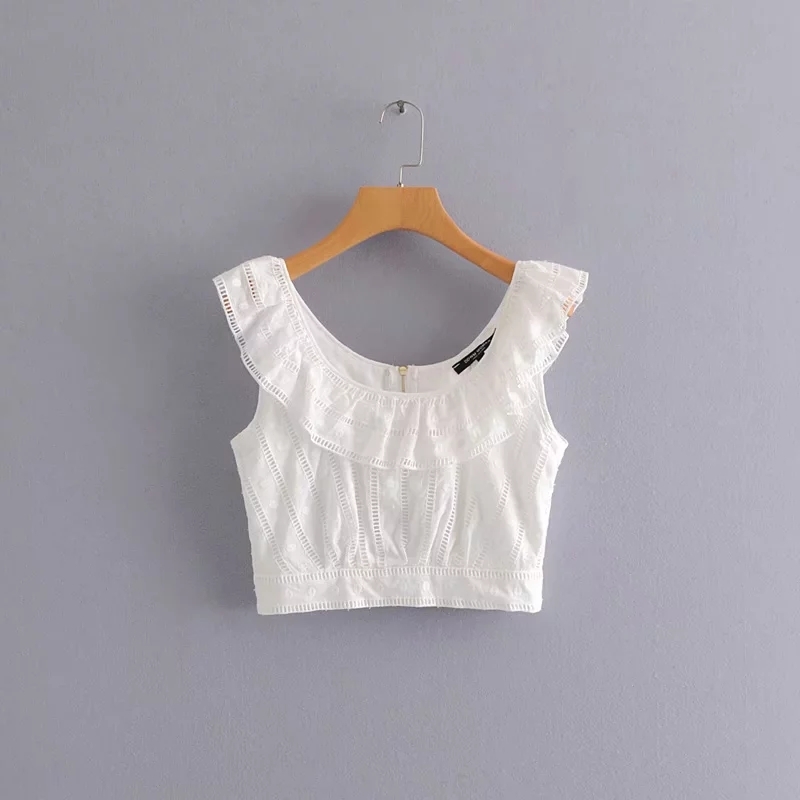 Hollowing Embroidery Cascading Ruffle Women Vest Shirt Casual White Blouse Summer Style Small Tops Fashion Chemise S5508 210430