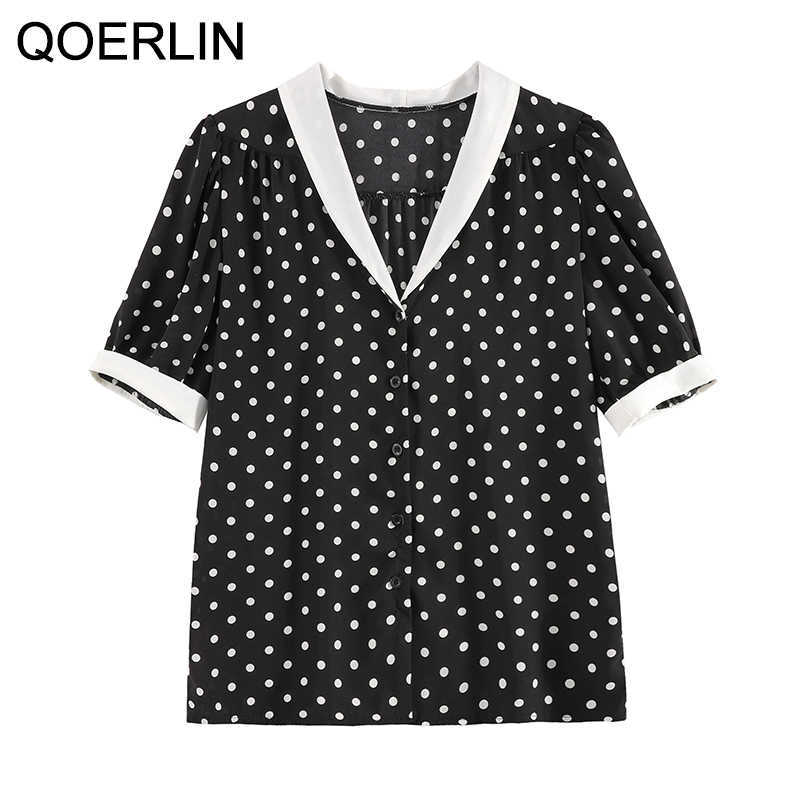 Polka Dot Chiffon Shirt Women Summer Fashion V-Neck Korean Elegant Slim Black Plus Size Top Blouse Ladies 210601