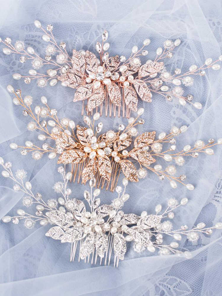 Trendy Leaf Pearl Rose Gold Wedding Hair Combs Tiara Bridal Headpiece Women Head Decorative Jewelry Accessories 210707