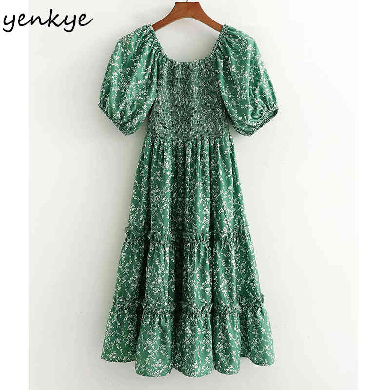 YENKYE Prairie Chic Summer Dress Women Green Floral Print Dress Female Lantern Sleeve O Neck Knee Length Big Swing Vestido 210515