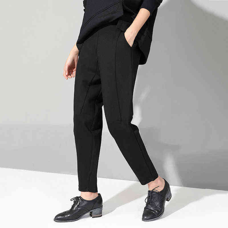 Spring Autumn Black High Waist Harem Pants Women Fashion Elastic Patchwork Loose Casual Ladies Trousers Streetwear 211115