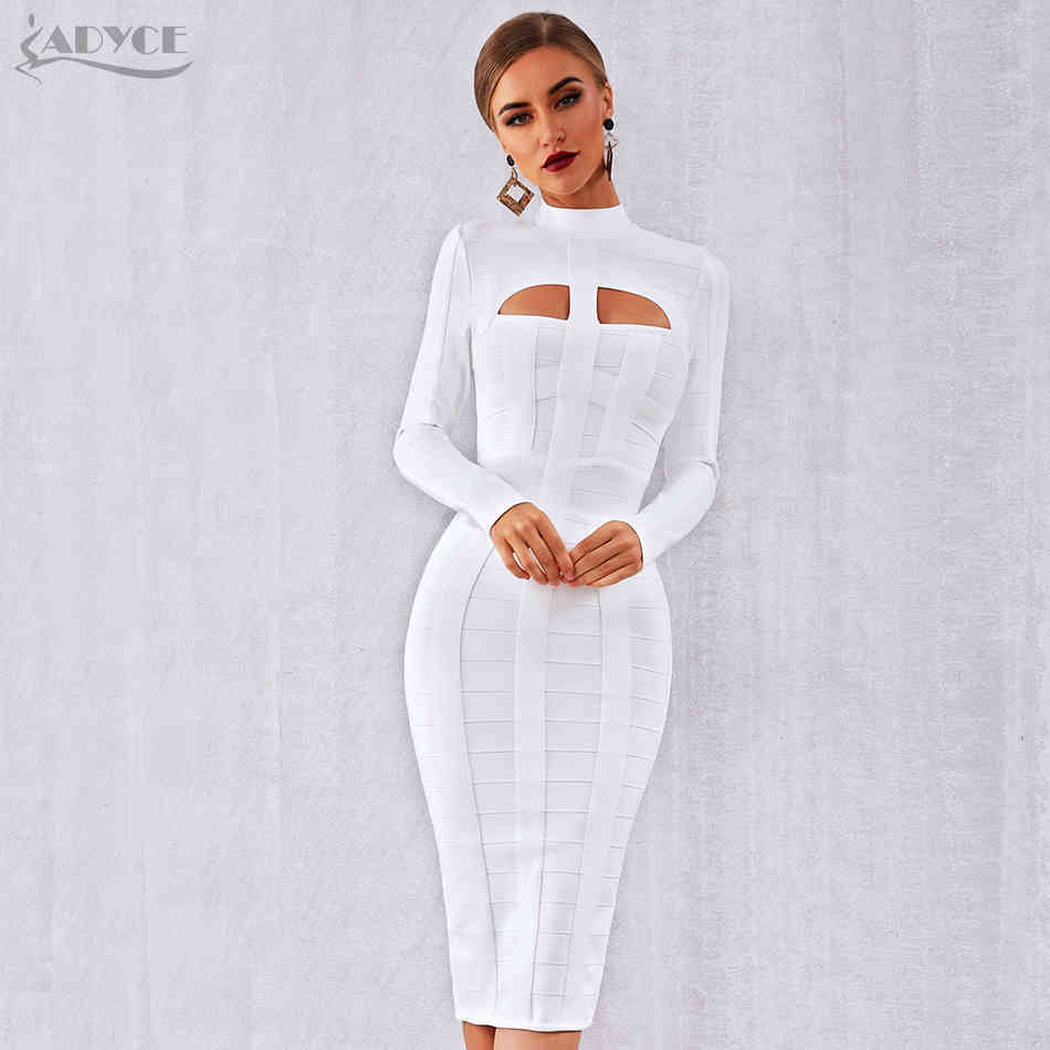 Autumn Women White Bodycon Bandage Dress Long Sleeve Sexy Hollow Out Club Celebrity Evening Party Vestidos 210423