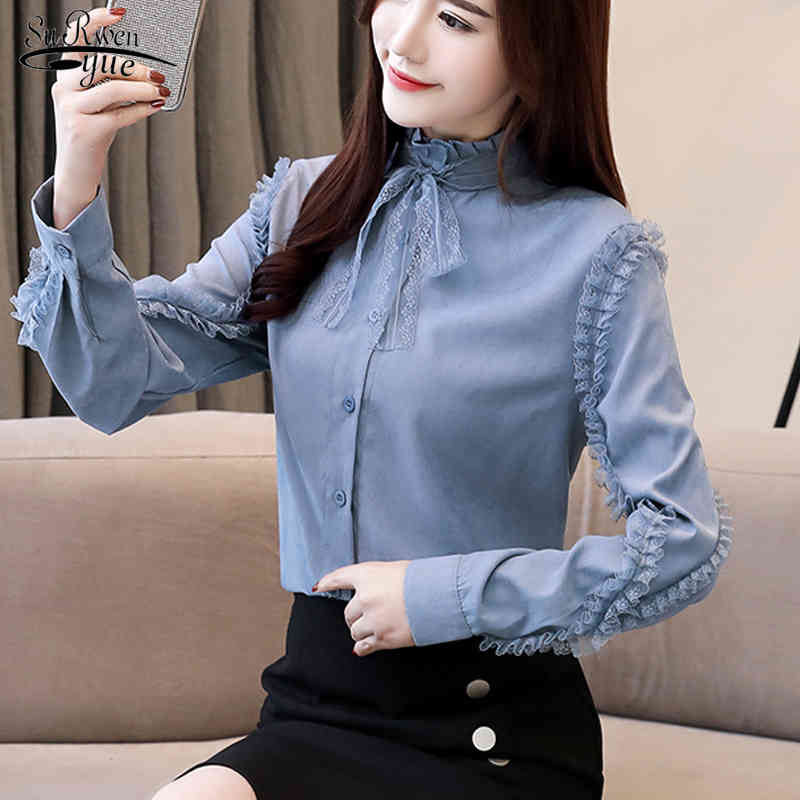 Long Sleeve Solid Blouse Women Shirt OL Casual Bow Collar Cardigan Clothes Blue Pink Camisas Mujer 6946 50 210508