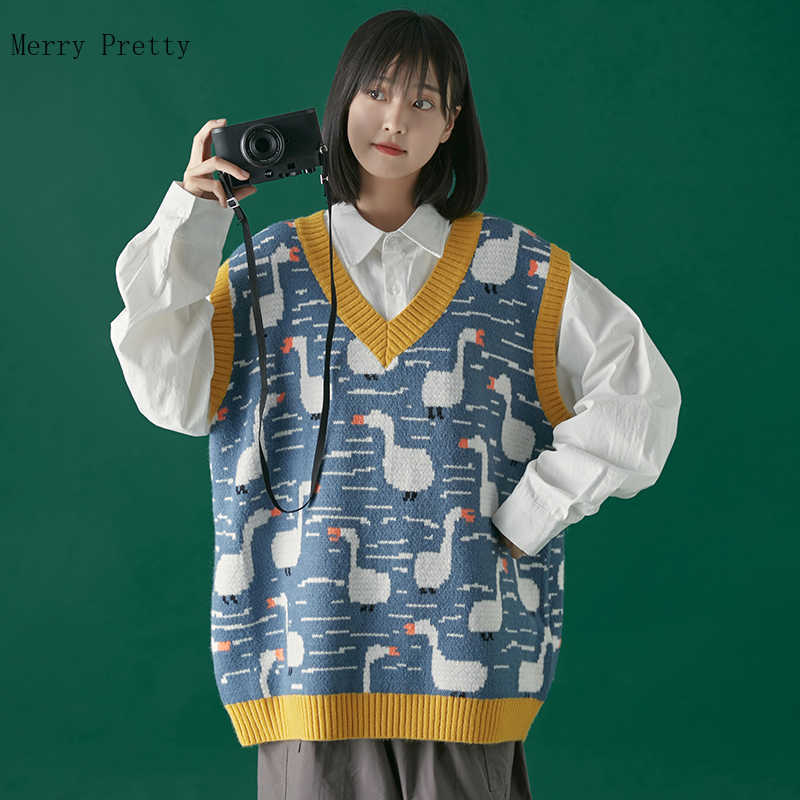 Winter Women Sweater Vest Chic Cartoon Duck Embroidery Jacquard Knitted Sleeveless V-neck Sweet Sweaters Girl Pullovers Top 210819