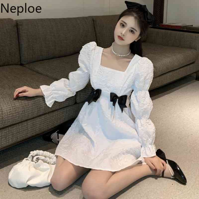 Neploe Fashion Woman Dress Chic Bow Slim Princess Dress Korean White Vestidos Mujer Square Collar Puff Sleeve Sweet Robe 95373 210422