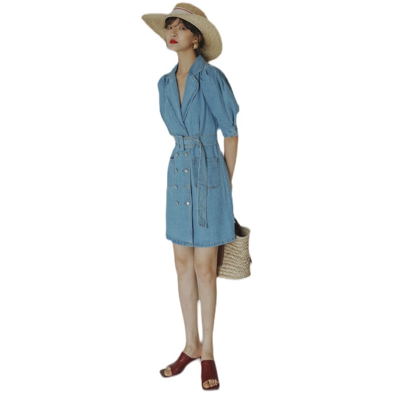 Women Short Sleeve Lapel High Waist Denim Dress With Belt Casual Fashion Summer Arrivals 2H037 210526