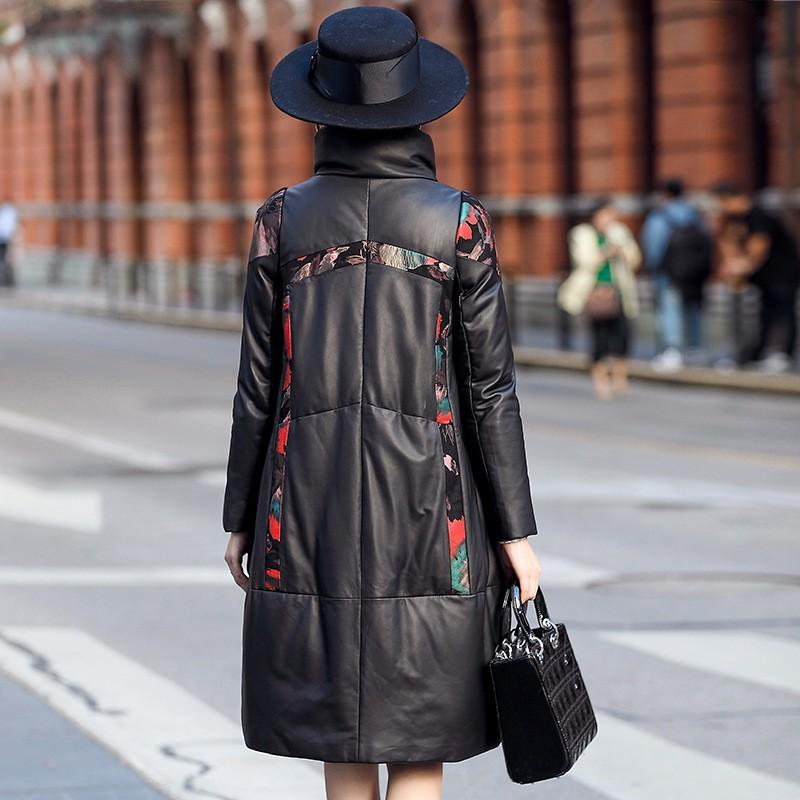 Warm Women Winter Mid Long Down Jacket Vintage Printed Stand Collar Windbreaker Overcoat Sheepskin Coat Genuine Leather Jackets Women's & Fa
