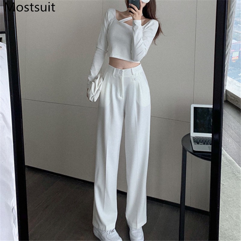 Streetwear Fashion Two Piece Pants Set Women Halter Short Tshirt And High Waist Wide Leg Outfits Sexy Stylish Female 210518, White
Streetwear Fashion Two Piece Pants Set Women Halter Short Tshirt And High Waist Wide Leg Outfits Sexy Stylish Female 210518, White