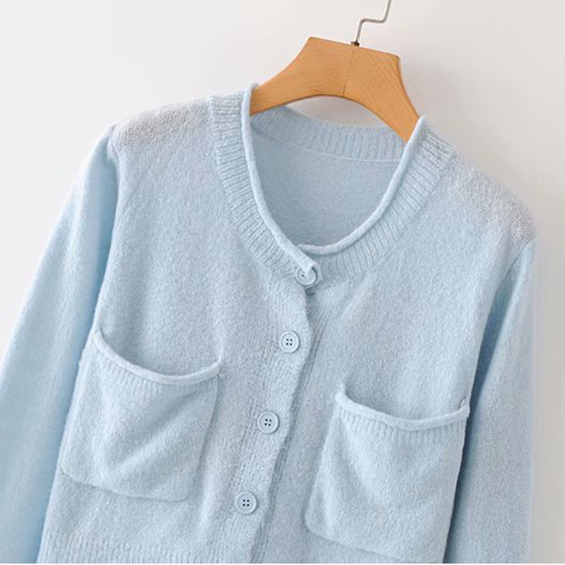 Round Neck Single-breasted Thin Simple Female Cardigan Korean Fashion Outer Wear Pocket Chic Women's Sweater Tops 210507