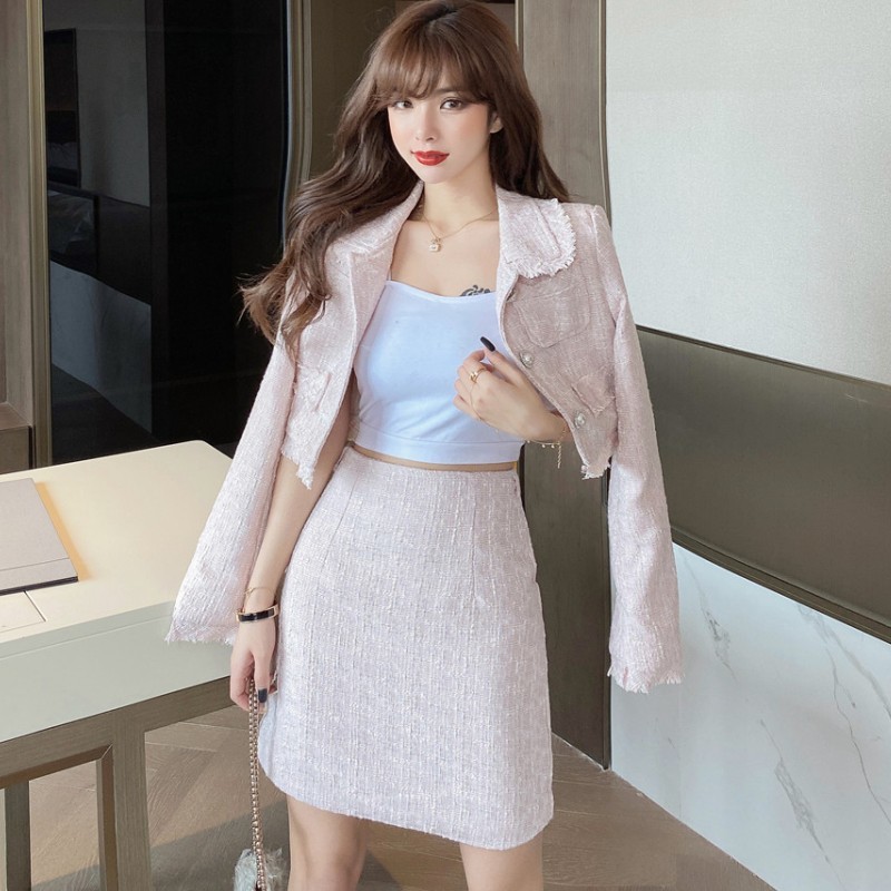 Autumn Winter Two Piece Set Elegant Skirt Suit Fashion Tweed Long Sleeve Crop Top + Bodycon Mini Skirt Set Outfits 210518