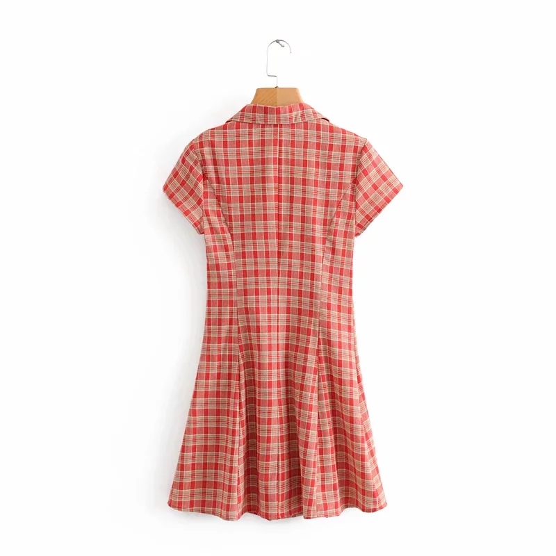 Vintage cotton linen red Plaid dress women elegant short sleeve button mini beach korean party casual vestidos 210521