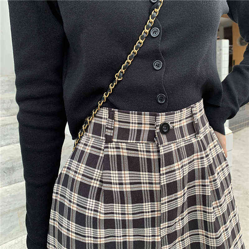 Simple Vintage Plaid Causal Long Women Pants Street Fashion Straight Wide Leg Pant 211115