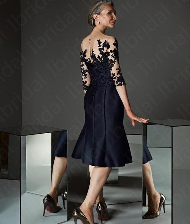 Gorgeous Black Knee Length Mother of the Bride Dresses 2024 Lace Applique Illusion Three Quarter Sleeves Wedding Guest Gowns robe de soiree