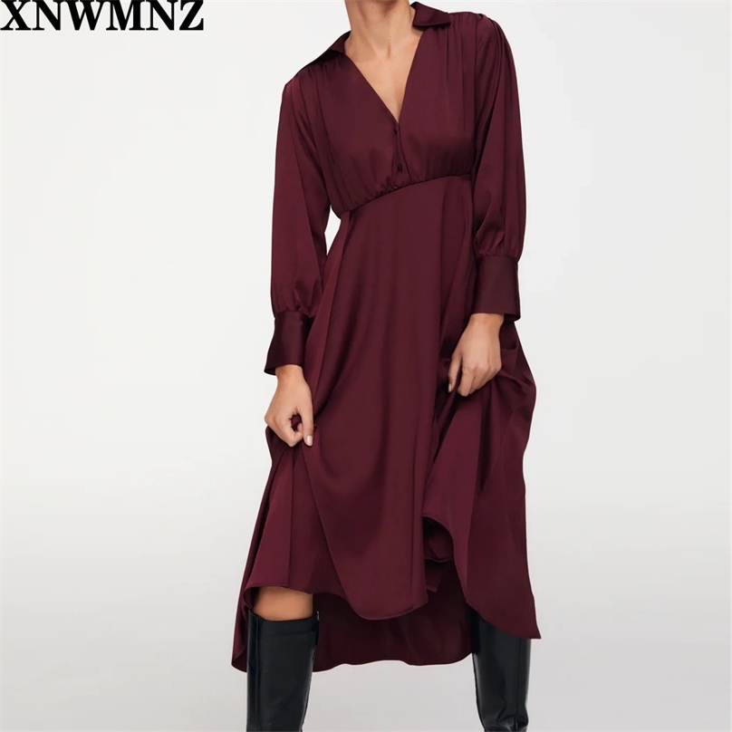 

women Fashion satin midi dress Female long puff sleeves v neck Asymmetric hem chic dresses Ladies Vintage robe 210520, Burgundy