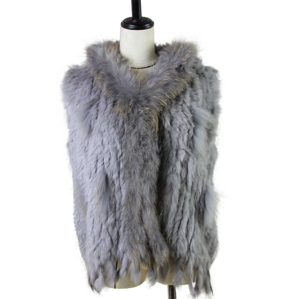 Harppihop fashion rabbit fur vest raccoon trimming knitted with hood waistcoat gilet 210816