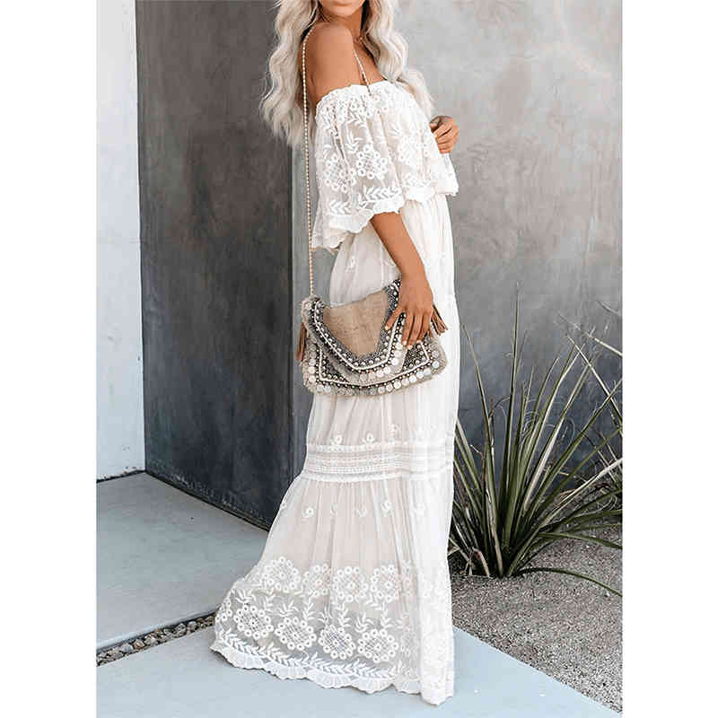 Elegant Bikini Cover-ups Sexy Slash Neck Summer Beach Dress Long White Lace Tunic Women Wear Swim Suit Cover Up A505 210420