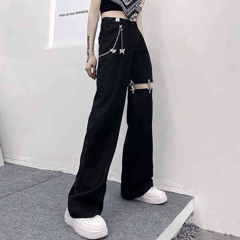Fashion High Waist Wide Leg Pants Street Harajuku Black Trousers Women Plus Size Casual Loose Pant (with Belt and Chain) 211115