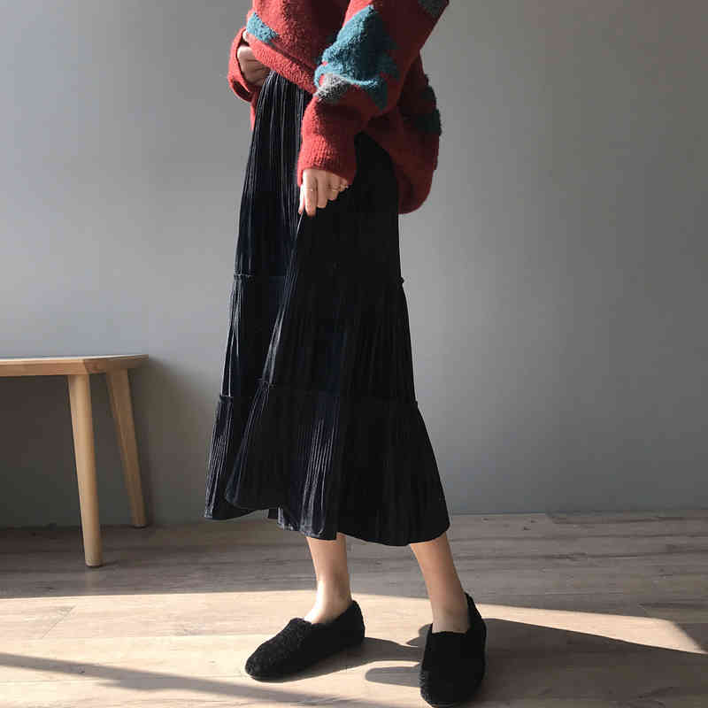 High Waist Skirt Pleated Gold Velvet Autumn Winter Women Bottoms Fashion Elegant Solid A-line Long Skirts 210421