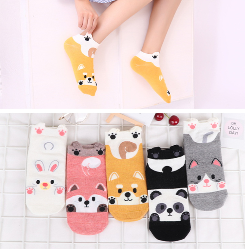 5Pairs/Lot Cheap Fashion Women Socks Funny Cotton Color Cartoon Duck Cat Bear Avocado Cute Happy Casual Soft Girls Short Socks