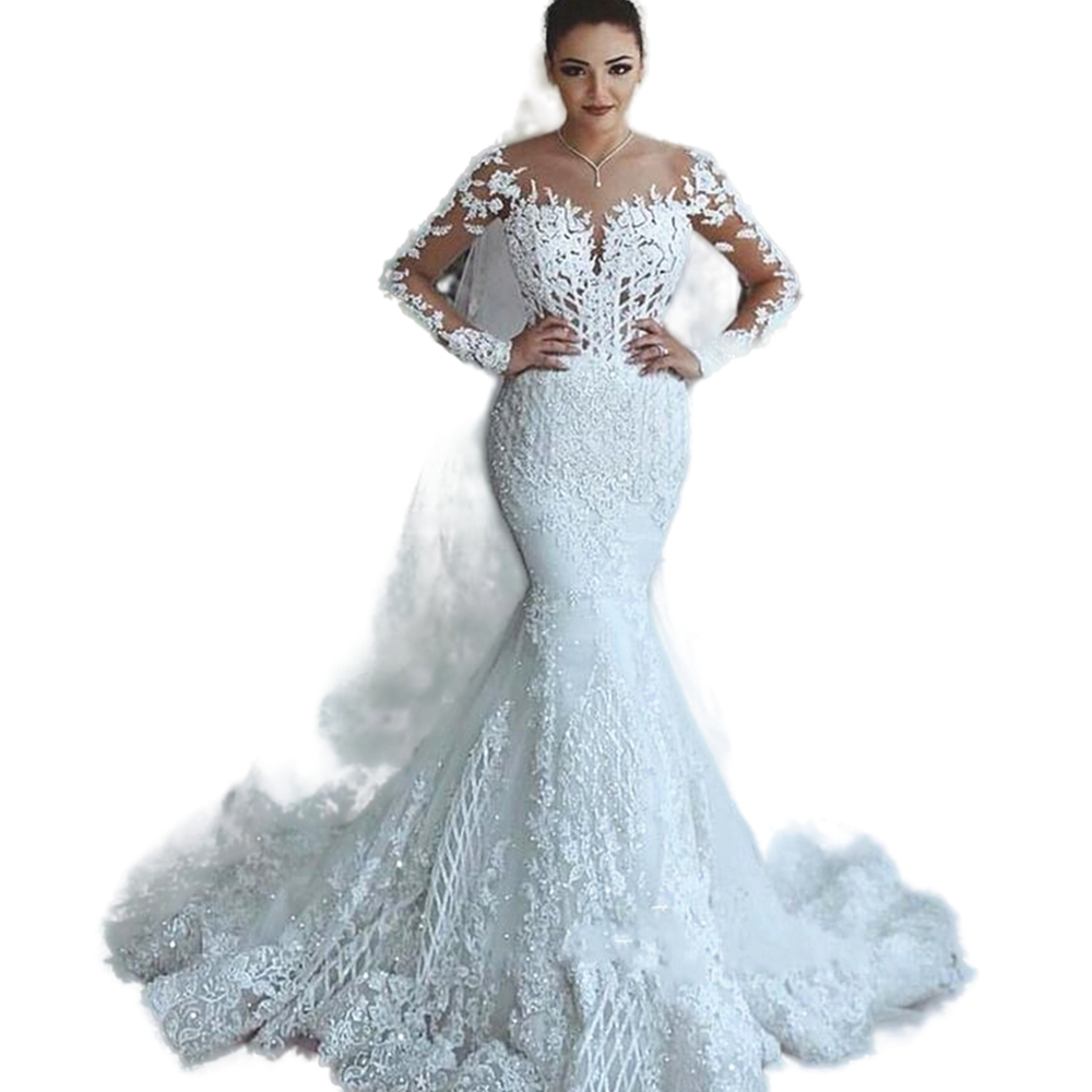 2022 Spring Lace Mermaid Wedding Dress Illusion Bodice vestido de noiva Long Sleeve Sheer Neck Appliques Bride Dresses Arabic Dubai White Formal Brida