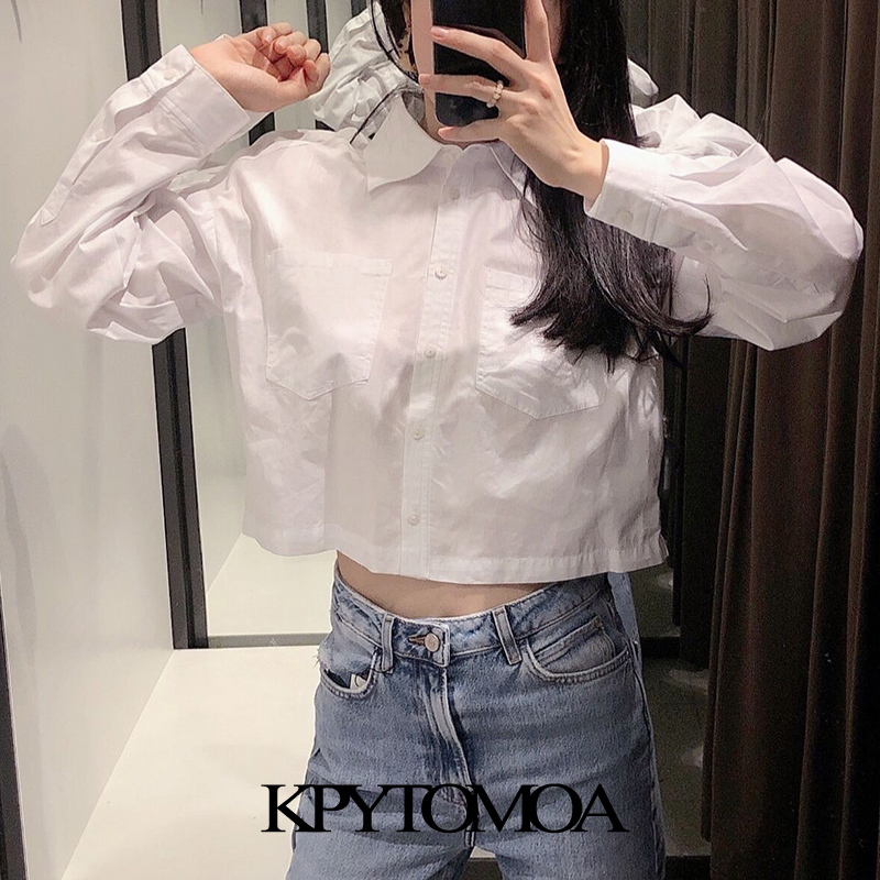 Women Fashion With Pockets Cropped White Blouses Lantern Sleeve Button-up Female Shirts Blusas Chic Tops 210420