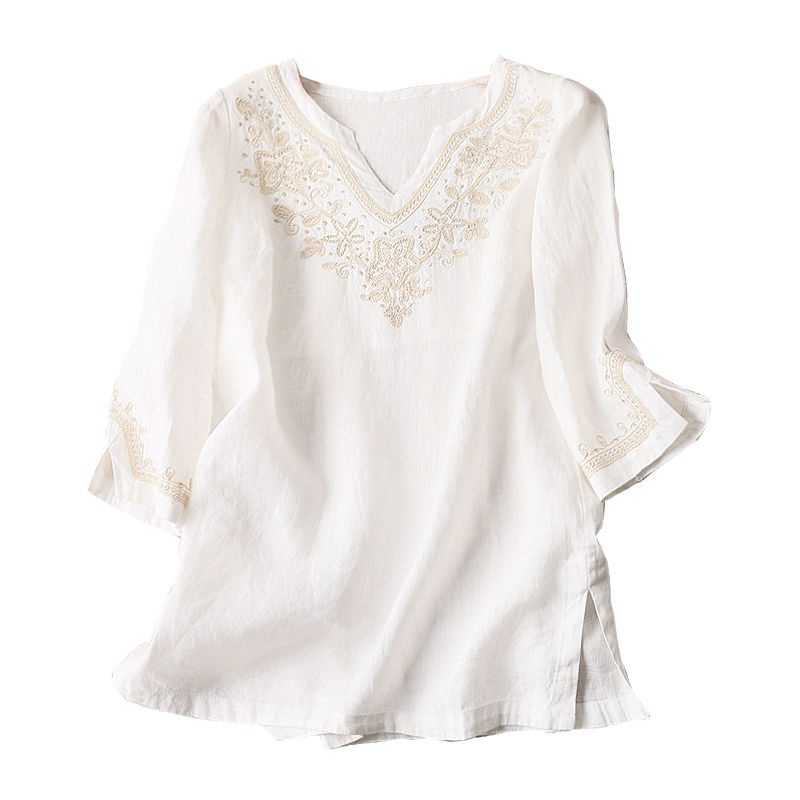 Arrival Summer Women Half Sleeve V-neck T-shirt High Quality Embroidery Cotton Linen Vintage Tee Shirt Femme White Tops M27 210512