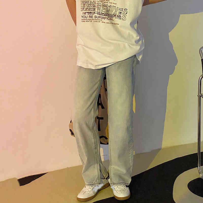 IEFB summer Korean split jeans men's high waist white wash loose straight casual denim pants vintage streetwear trousers 9Y6927 210524