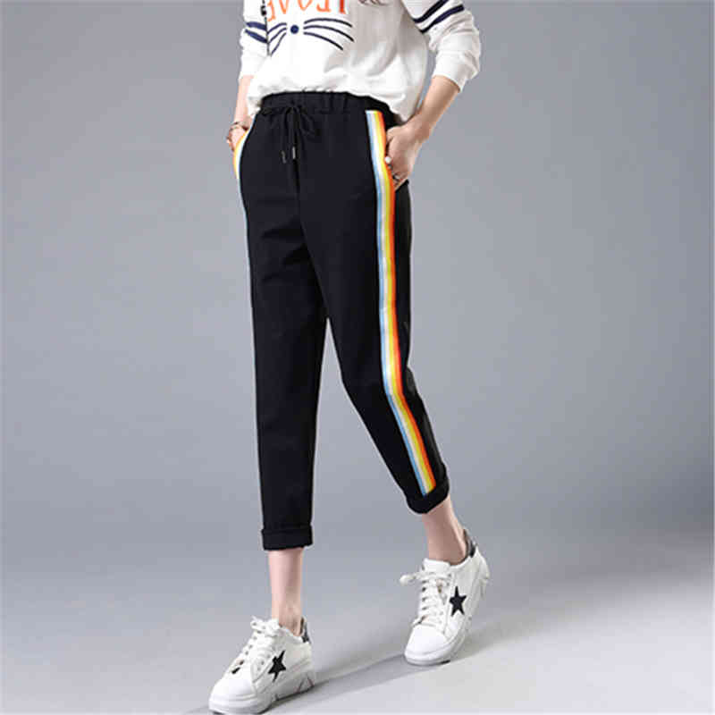 Spring Summer Women Casual Sweatpants Rainbow Striped Printed Side Pant Ladies Loose Trousers Joggers Sweat Pants Plus Size 210426