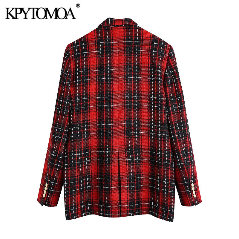 Women Fashion Double Breasted Check Blazer Coat Long Sleeve Pockets Female Outerwear Chic Veste Femme 210420